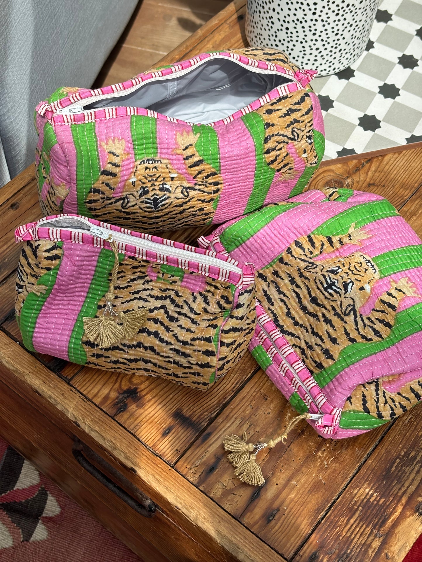 Indian cotton washbag - green and pink stripe with tigers