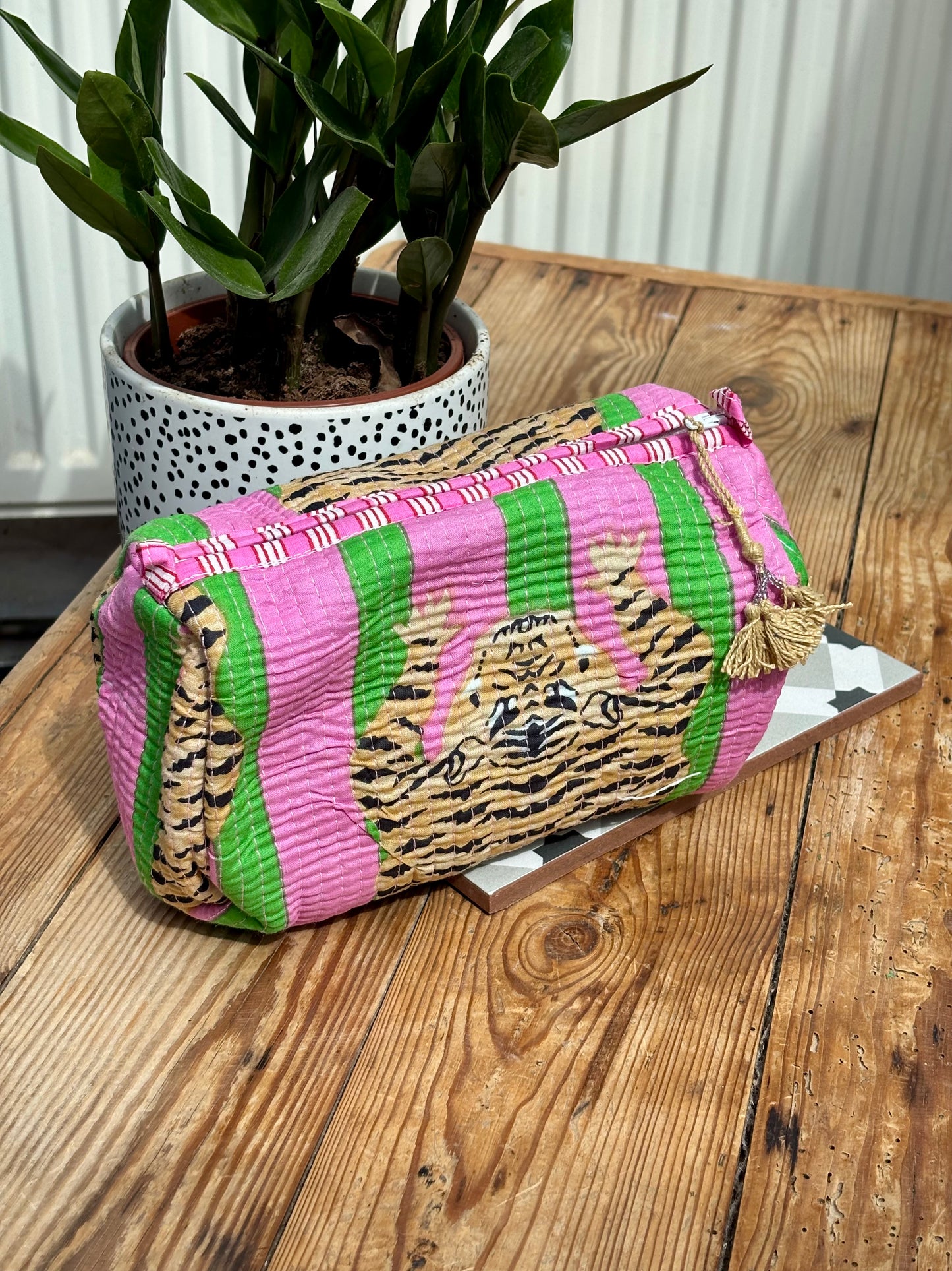 Indian cotton washbag - green and pink stripe with tigers
