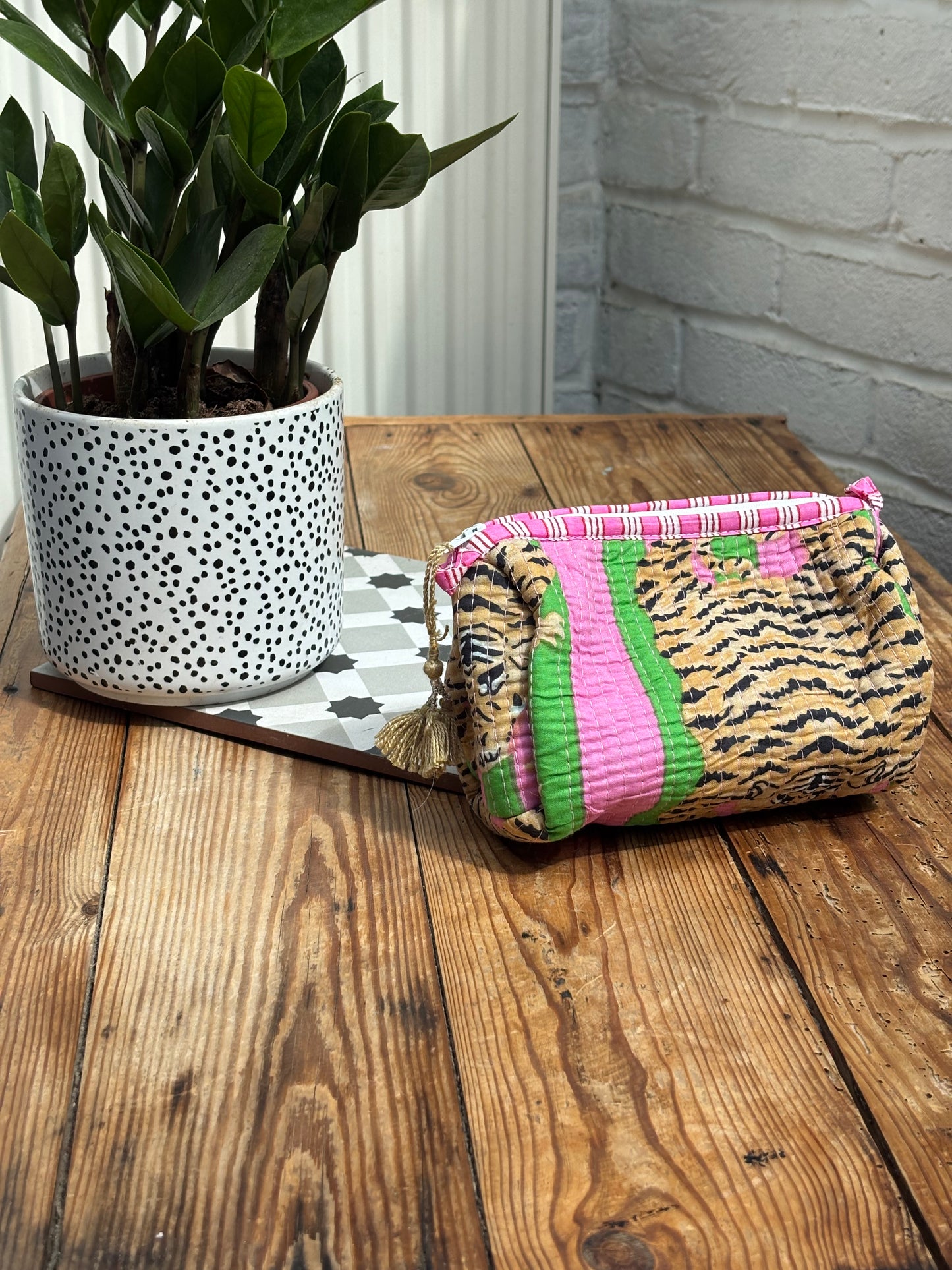 Indian cotton washbag - green and pink stripe with tigers