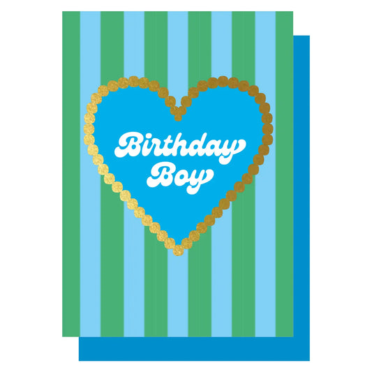 Birthday boy blue and green stripe gold heart card