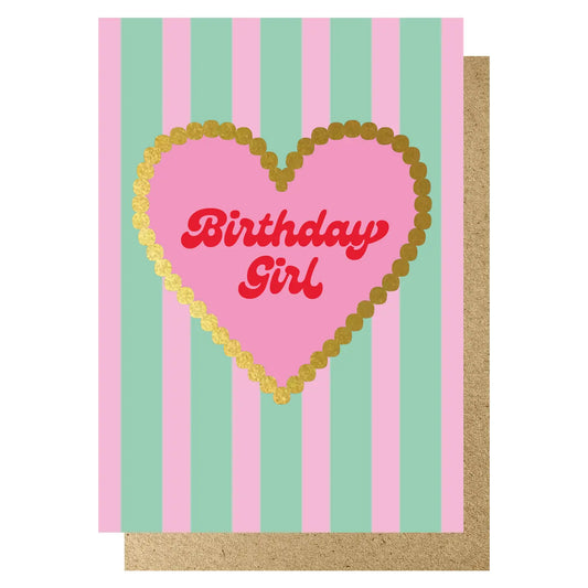 Birthday girl mint and pink stripe gold heart card