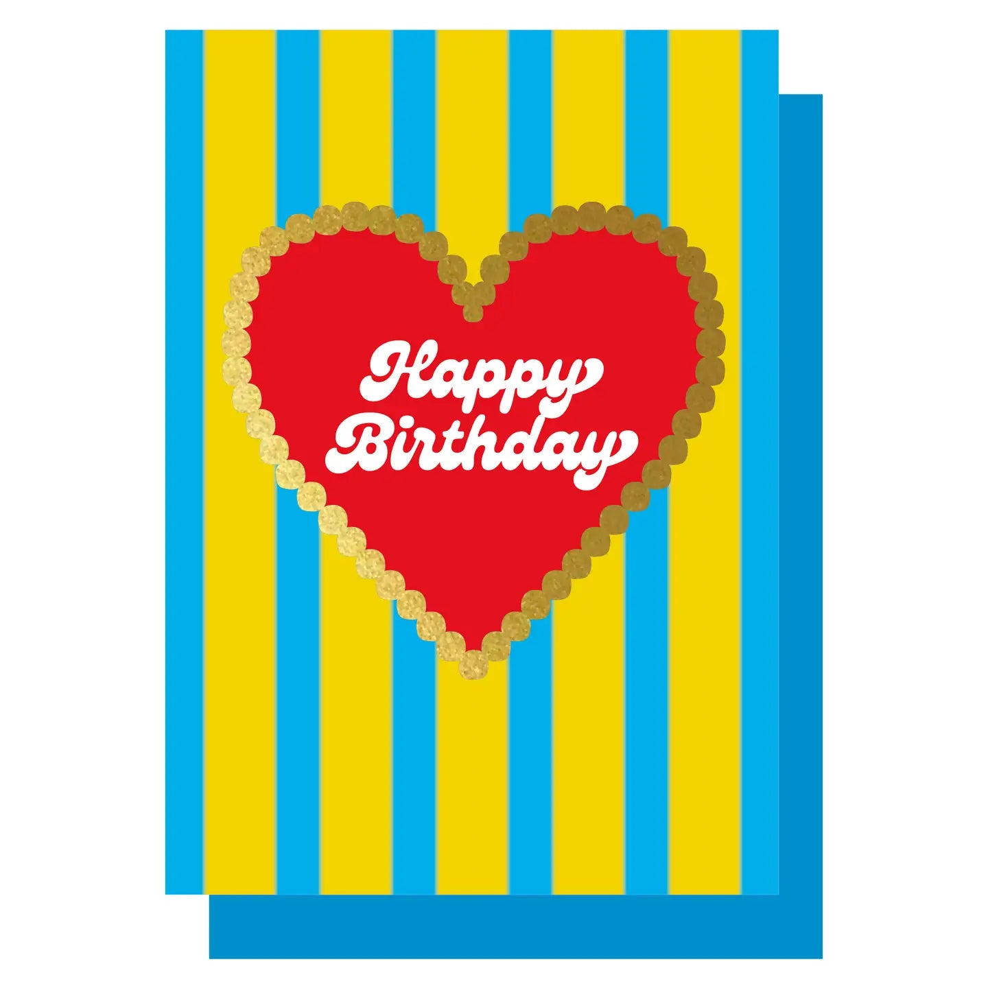 Happy birthday blue and yellow stripe gold heart card