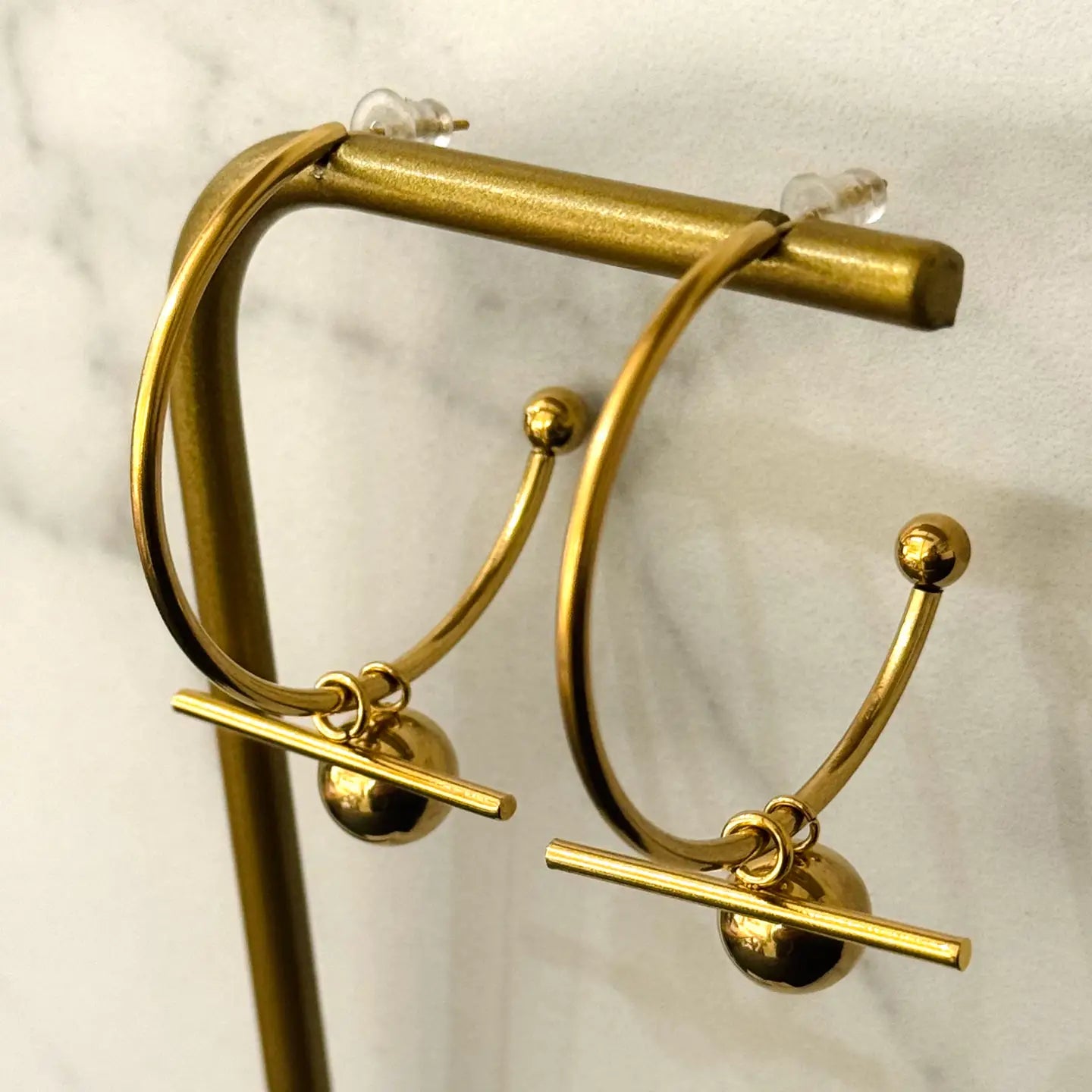 Gold bar and ball hoop earrings