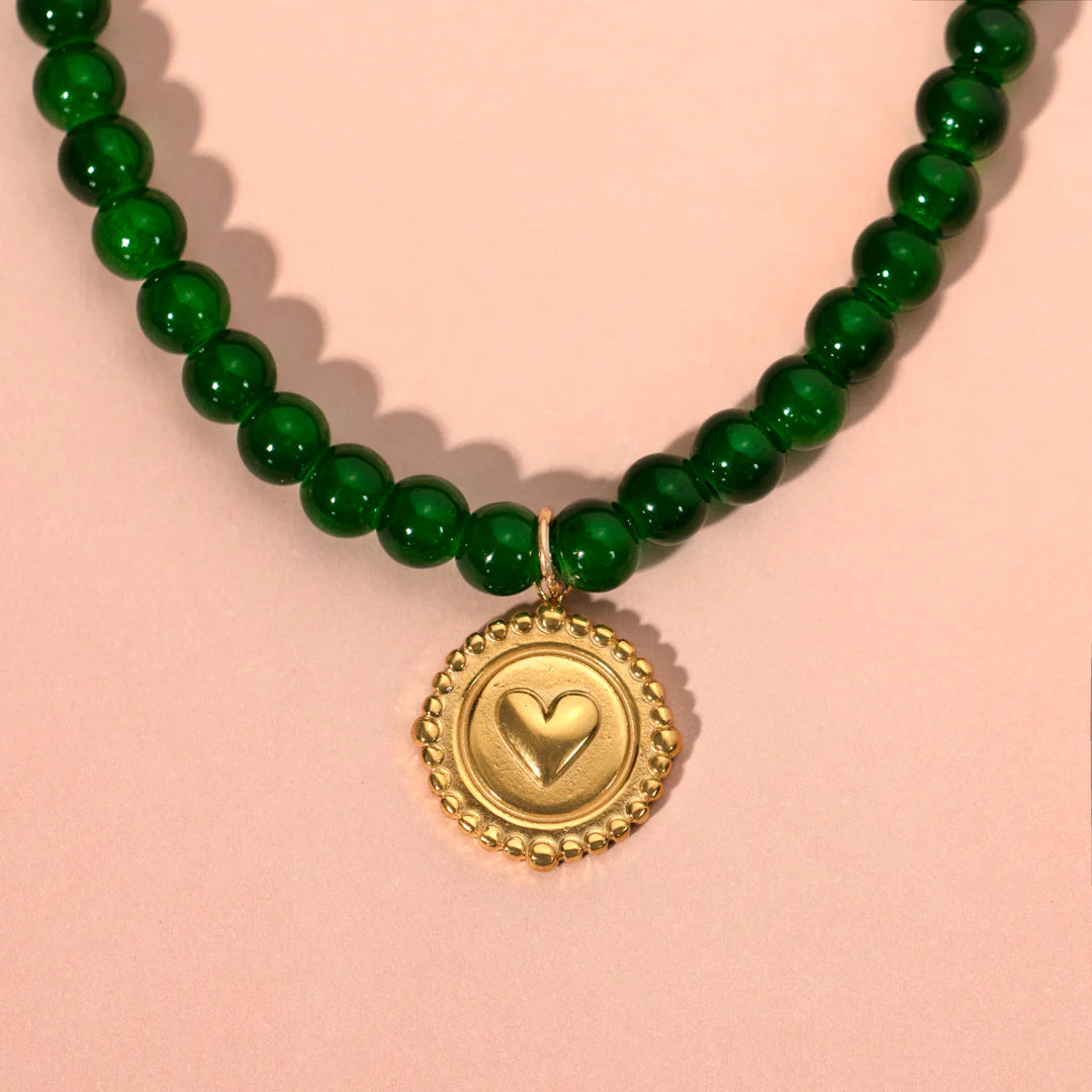 Dark jade green beaded necklace with heart coin