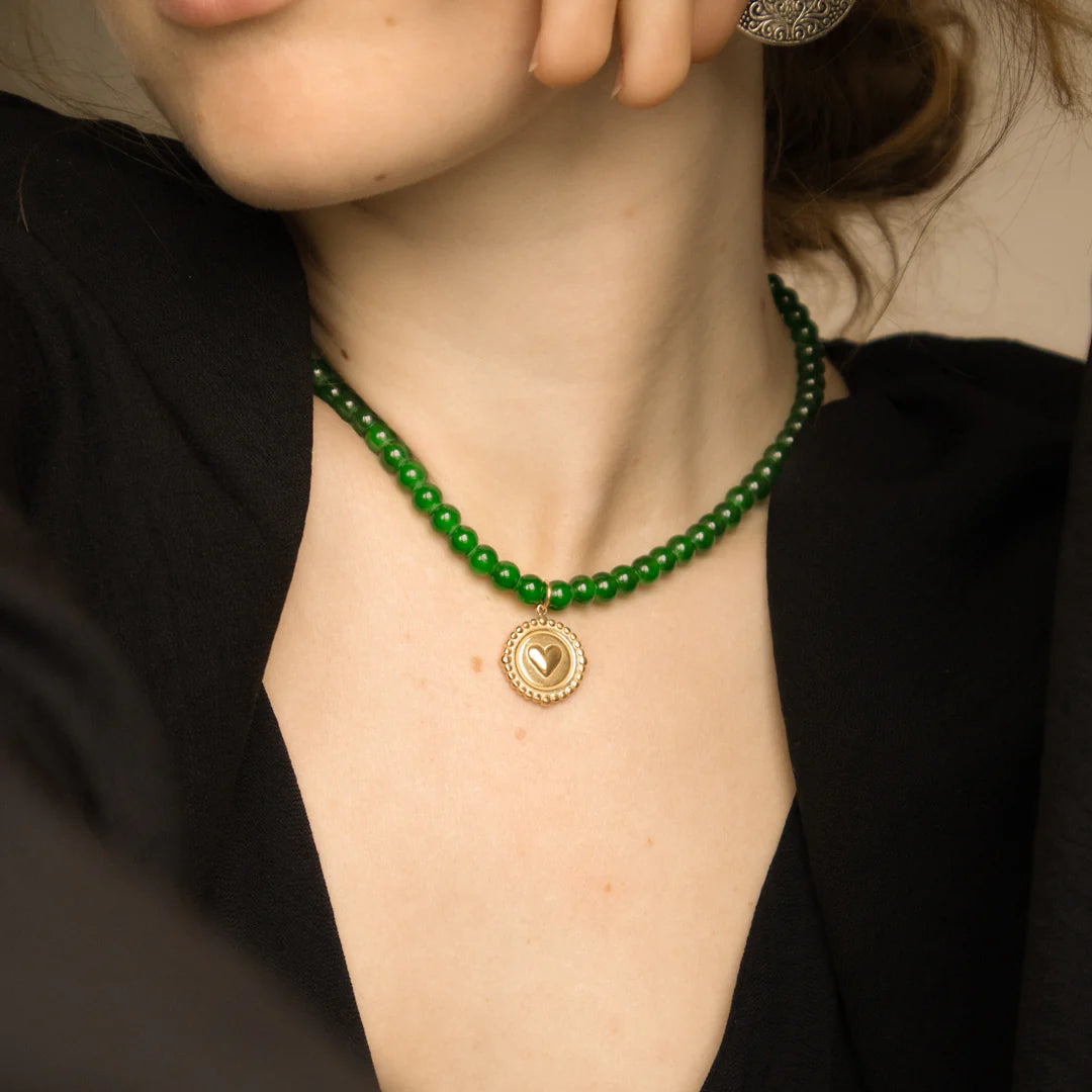 Dark jade green beaded necklace with heart coin