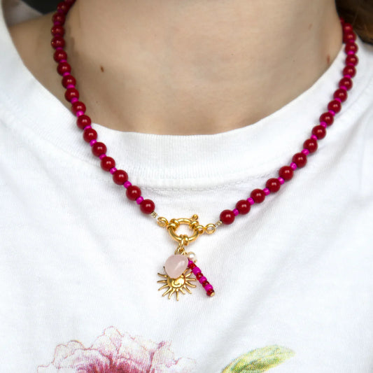 Sun and heart red and pink heart necklace