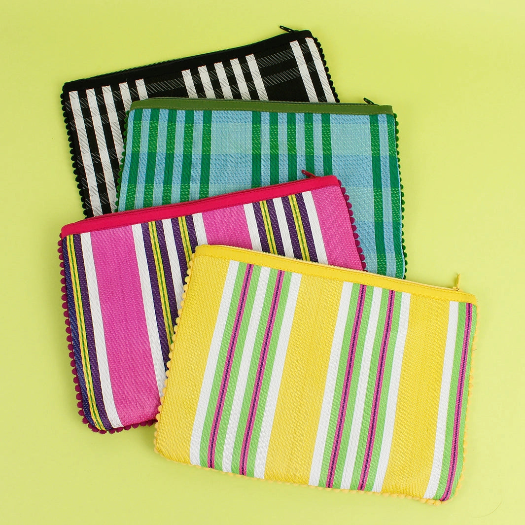 Woven stripy pompom pouch