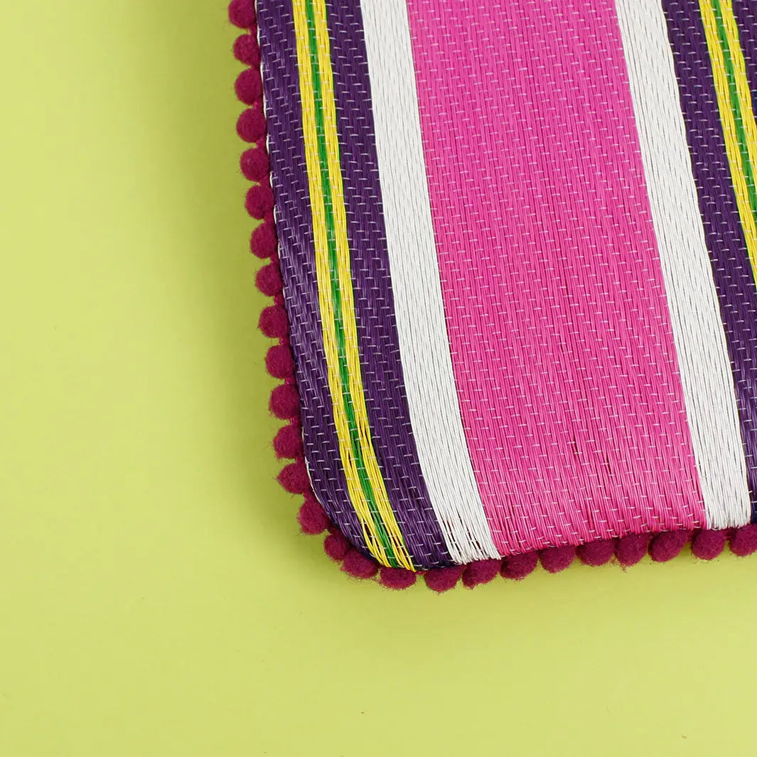 Woven stripy pompom pouch