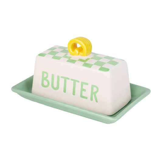 Green check ceramic butter dish
