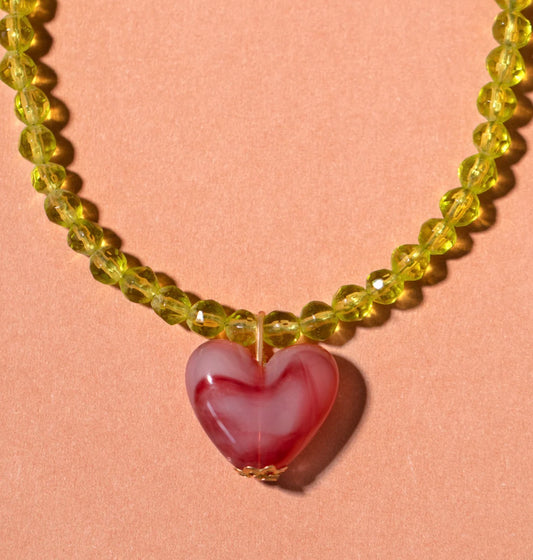 Pistachio bead and raspberry heart necklace