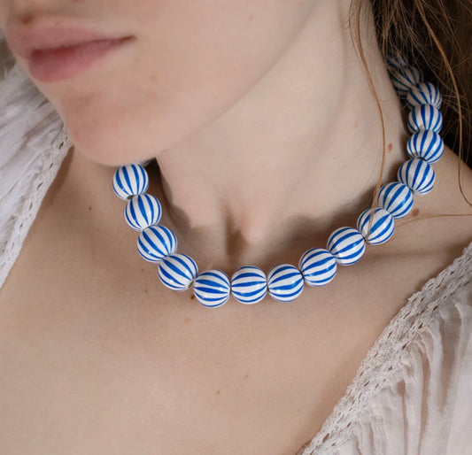 White and blue stripe chunky bead necklace