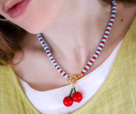 Blue gingham cherry charm necklace
