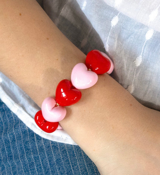 Red and pink puff heart stretch bracelet