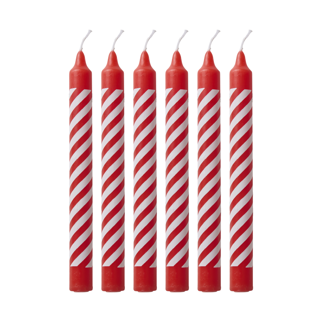 Set of 6 red and white stripy candles