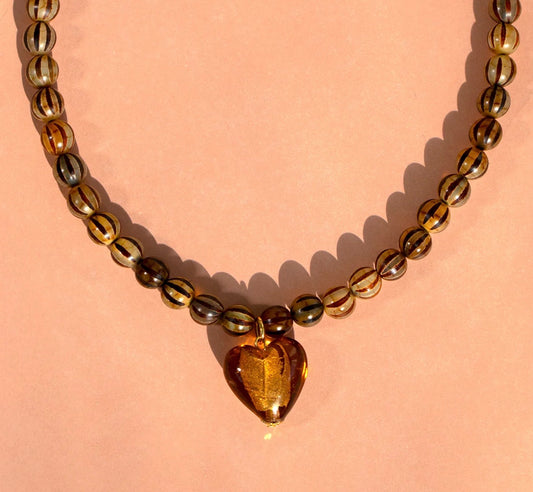 Amber heart and gemstone stripe bead necklace