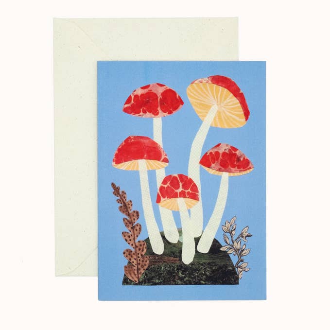 Red and blue mushroom card
