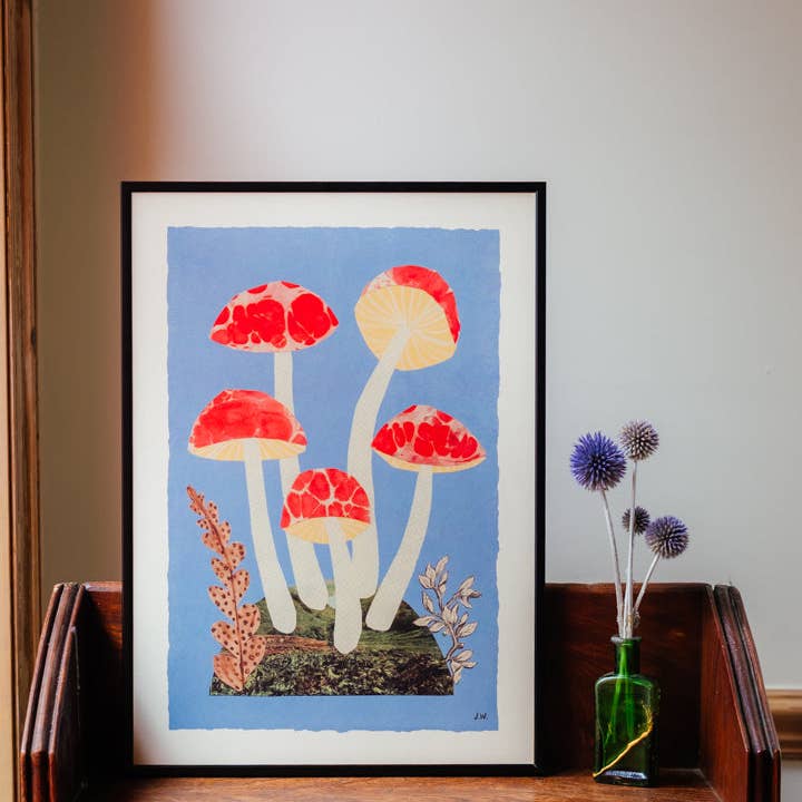 Red and blue A3 mushroom print