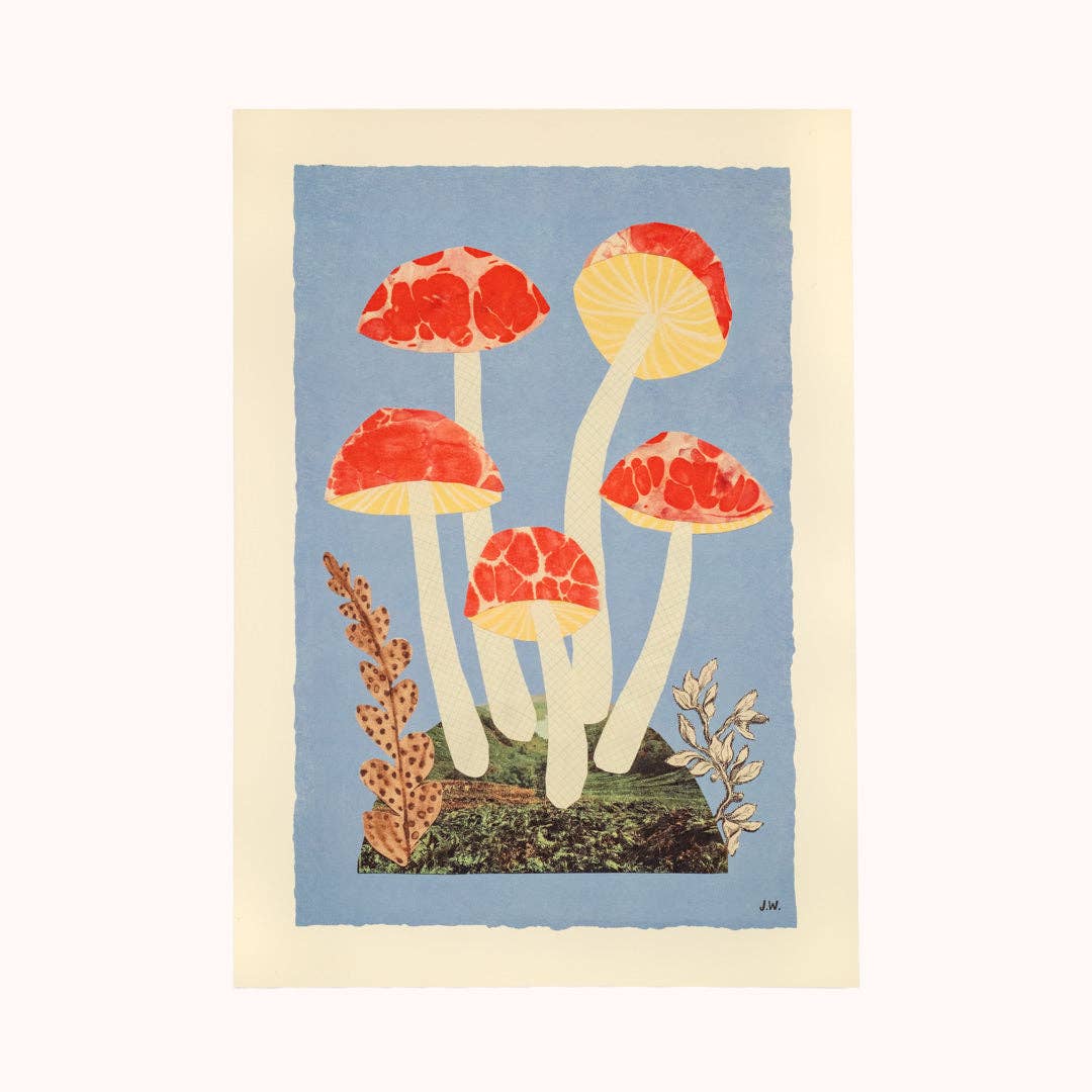 Red and blue A3 mushroom print