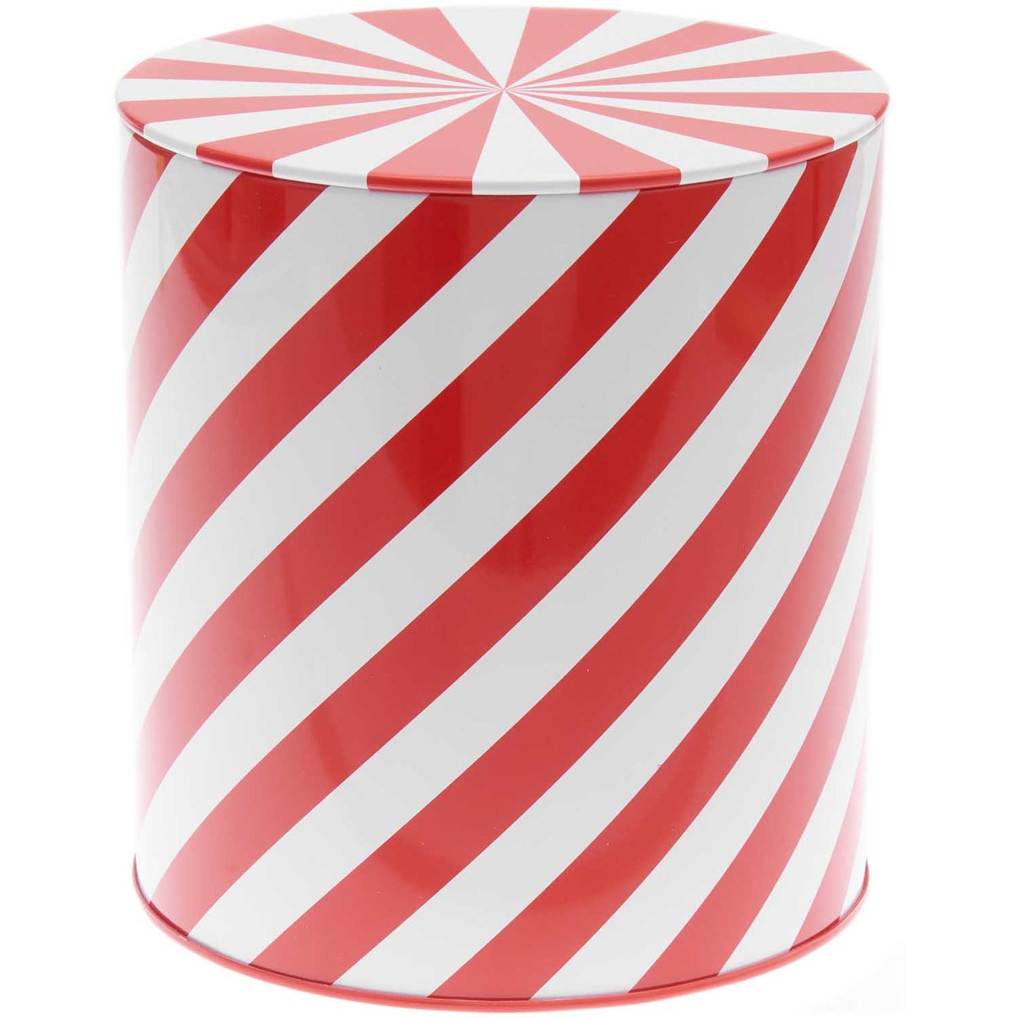 Storage tin with lid - red and white circus stripes